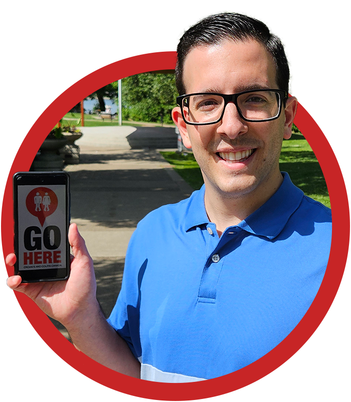 Matthew Sebastiani holding his mobile displaying the GoHere app