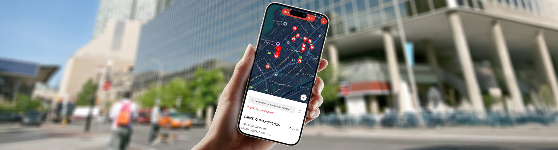 Allez ici Washroom App vu sur un appareil mobile