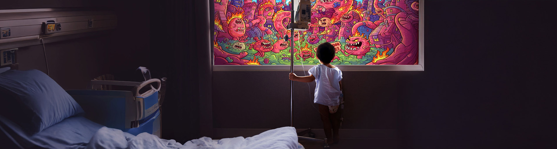 Un jeune garçon atteint d'une MICI, hospitalisé et sous perfusion, regarde un dessin animé représentant une bataille de cellules de Crohn dans le système digestif.