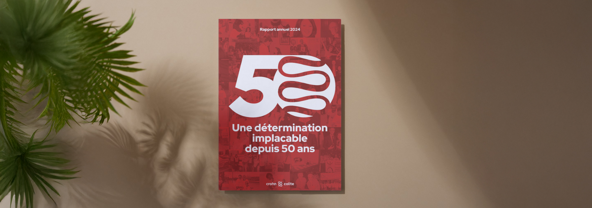 La couverture du rapport annuel de Crohn et Colite Canada affichée sur un mur.
