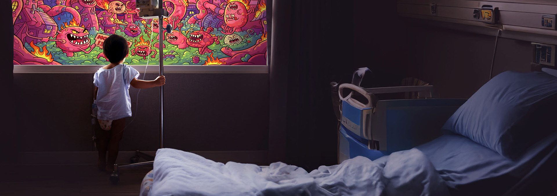 Un garçon regarde une caricature de MII (maladie inflammatoire intestinale).