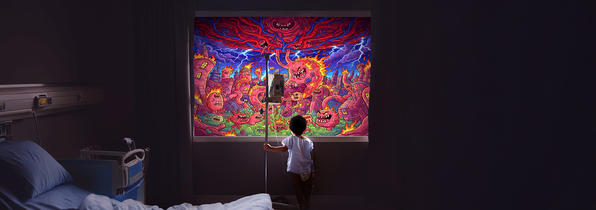 Un garçon regarde une caricature de MII (maladie inflammatoire intestinale).