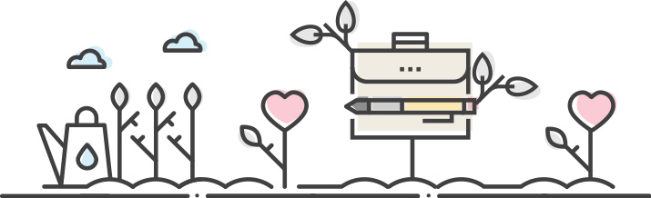 Workplace giving illustratioin with hearts and brefcases growing out of the grown symbolizing growth