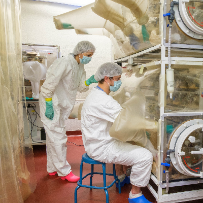 Pictured: Dr. Elena Verdú and Mike Rosatti, gnotobiotic animal care technologist, who is conducting health checks of germ-free mouse colonies at McMaster’s Axenic Gnotobiotic Unit.